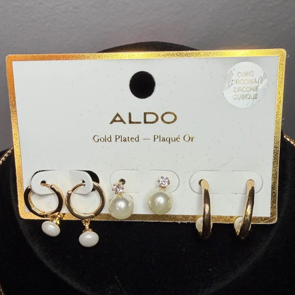 ALDO Gold Plated Earring Set with Pearl and Crystal Accents 3 pair